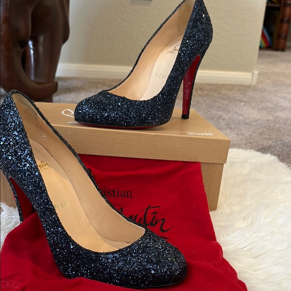Christian Louboutin Ron Ron Bl3u Marine 132 Glitter Sparkle Heels